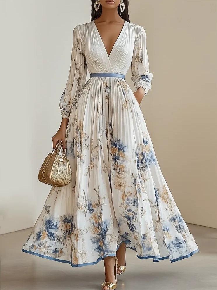 Aurora Valencia  | White Floral Chiffon Balloon Sleeve Maxi Dress