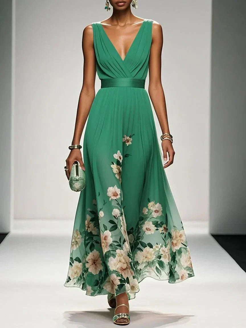 Aurora Valencia  | Light Blue Floral Chiffon V-Neck Maxi Dress