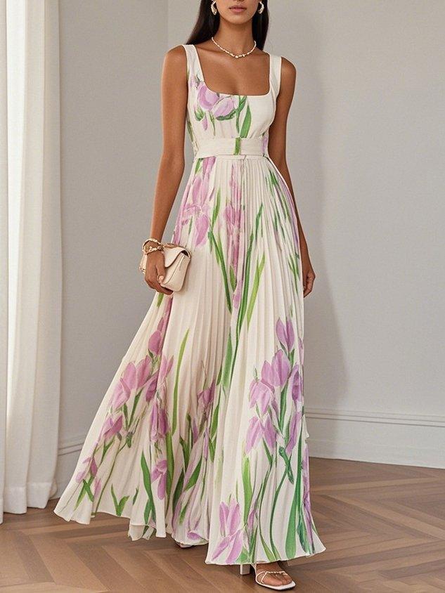 Aurora Valencia | White Pleated Floral Chiffon Maxi Dress