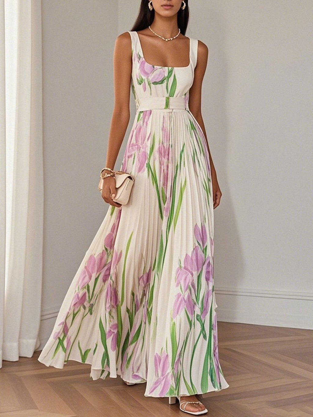 Aurora Valencia | White Pleated Floral Chiffon Maxi Dress