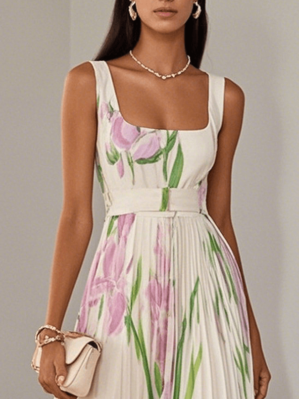 Aurora Valencia | White Pleated Floral Chiffon Maxi Dress