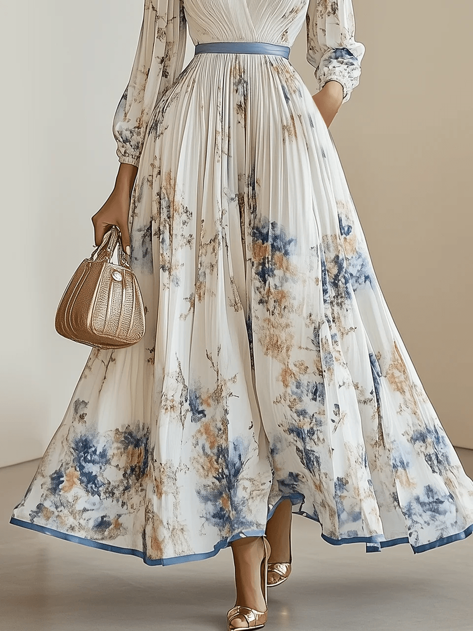 Aurora Valencia  | White Floral Chiffon Balloon Sleeve Maxi Dress