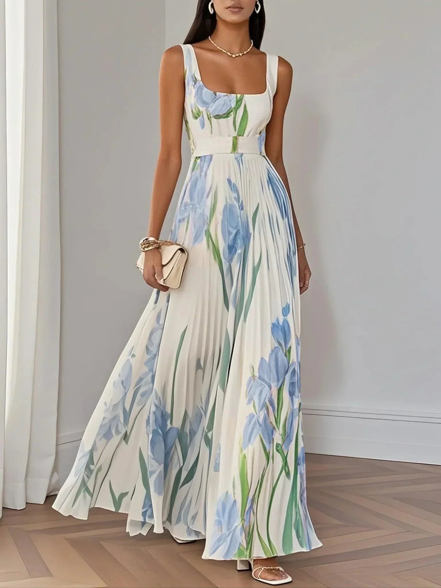 Aurora Valencia | White Pleated Floral Chiffon Maxi Dress