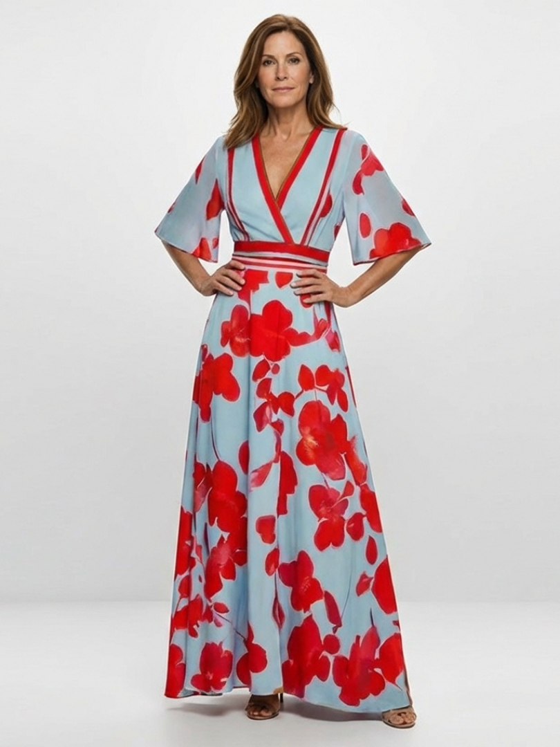 Aurora Valencia | V Neck Short Sleeve Floral Maxi Dress