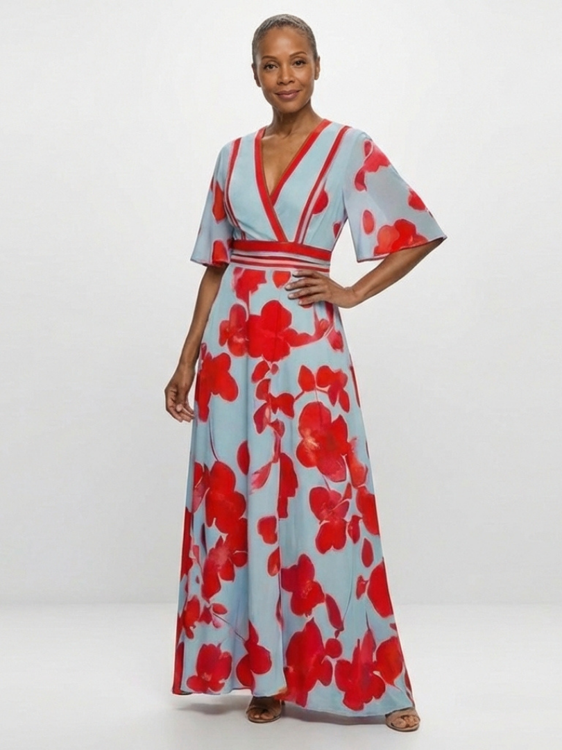 Aurora Valencia | V Neck Short Sleeve Floral Maxi Dress