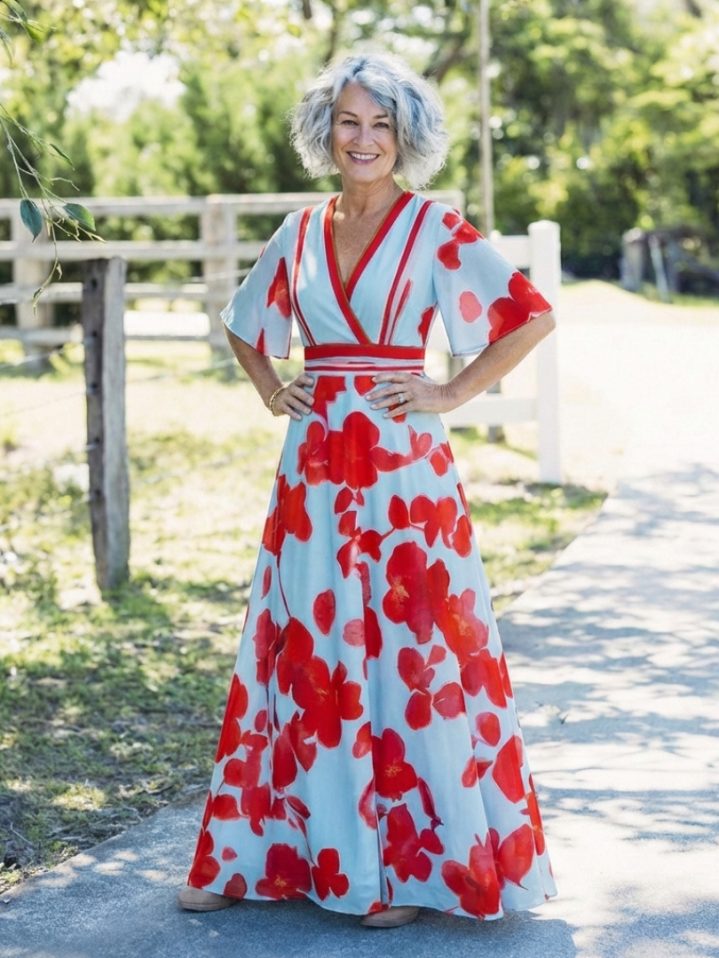 Aurora Valencia | V Neck Short Sleeve Floral Maxi Dress