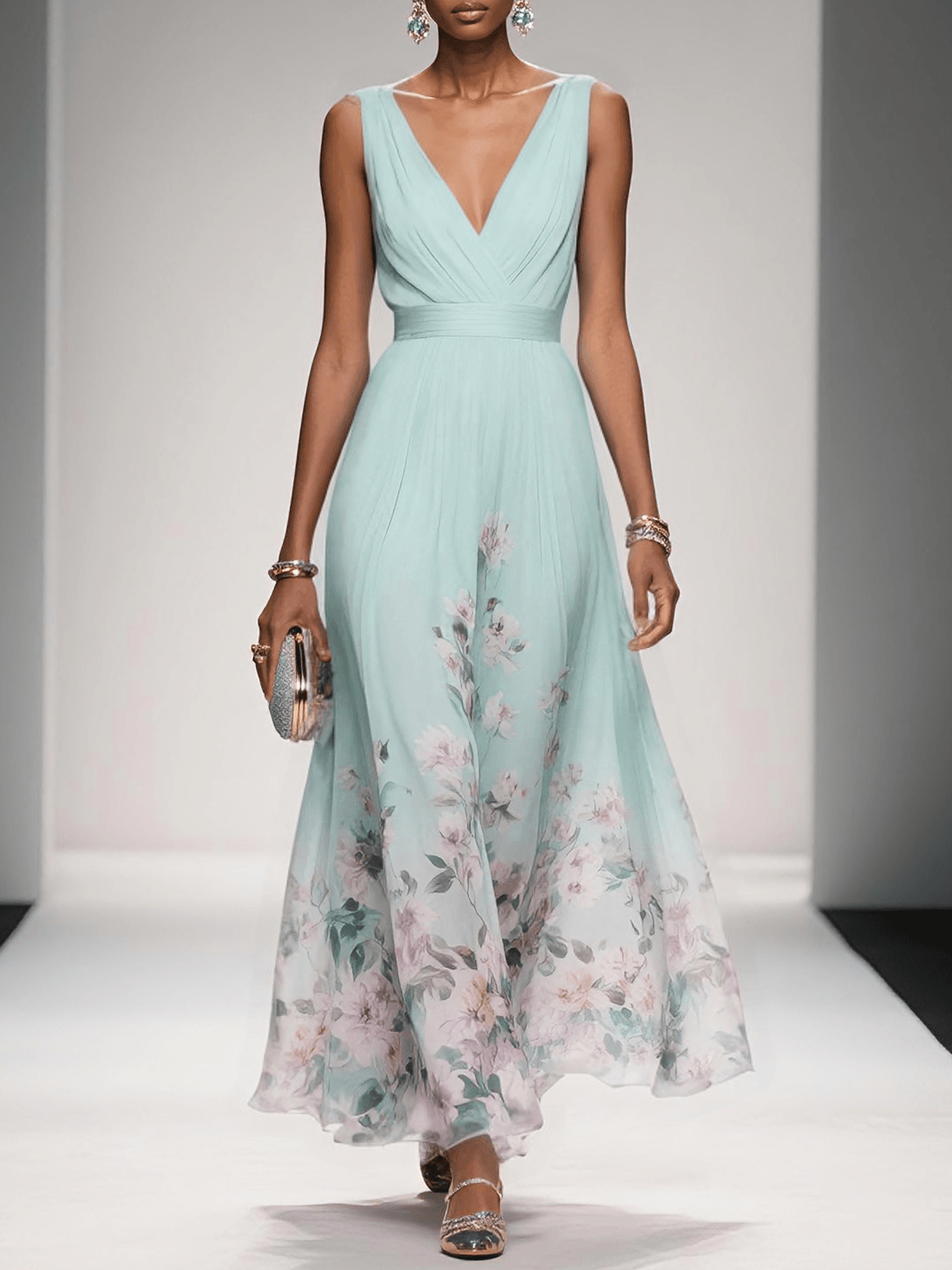 Aurora Valencia  | Light Blue Floral Chiffon V-Neck Maxi Dress