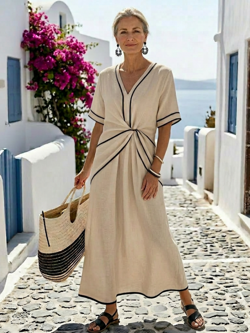 Aurora Valencia | V Neck Short Sleeve Gathered Waist Midi Dress