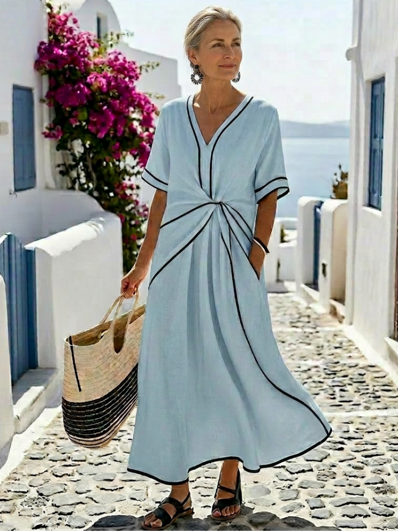 Aurora Valencia | V Neck Short Sleeve Gathered Waist Midi Dress