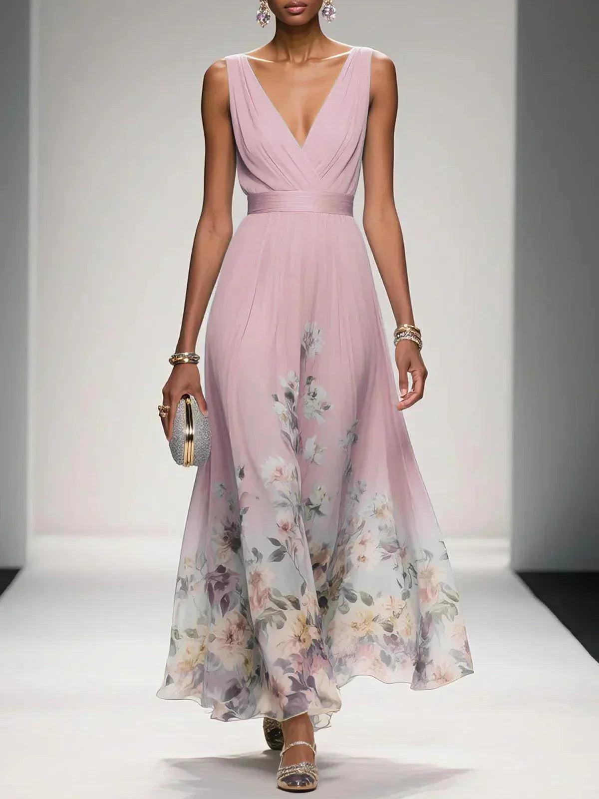Aurora Valencia  | Light Blue Floral Chiffon V-Neck Maxi Dress