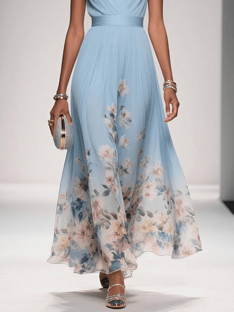 Aurora Valencia  | Light Blue Floral Chiffon V-Neck Maxi Dress