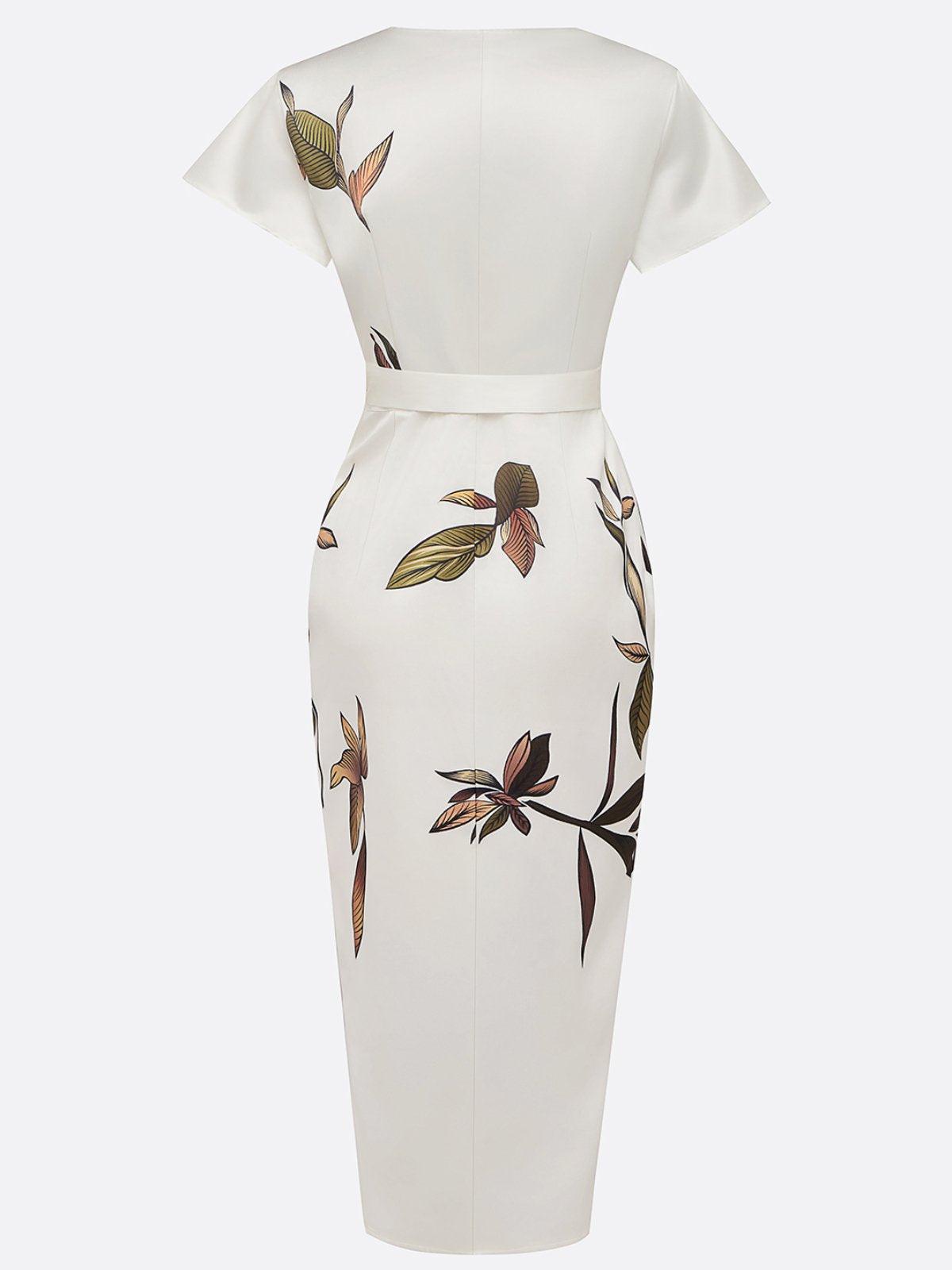 Aurora Valencia | White Leaf Short Sleeve Satin Midi Dress