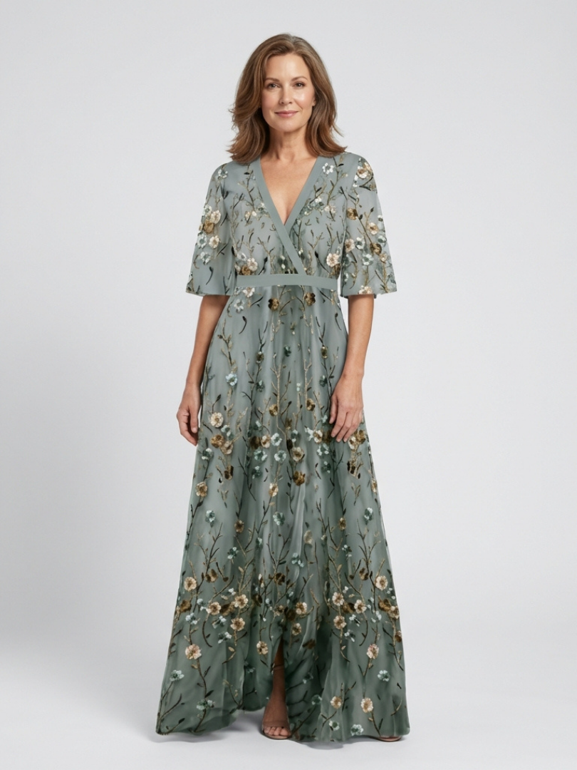 Aurora Valencia | Floral V Neck Short Sleeve Maxi Dress